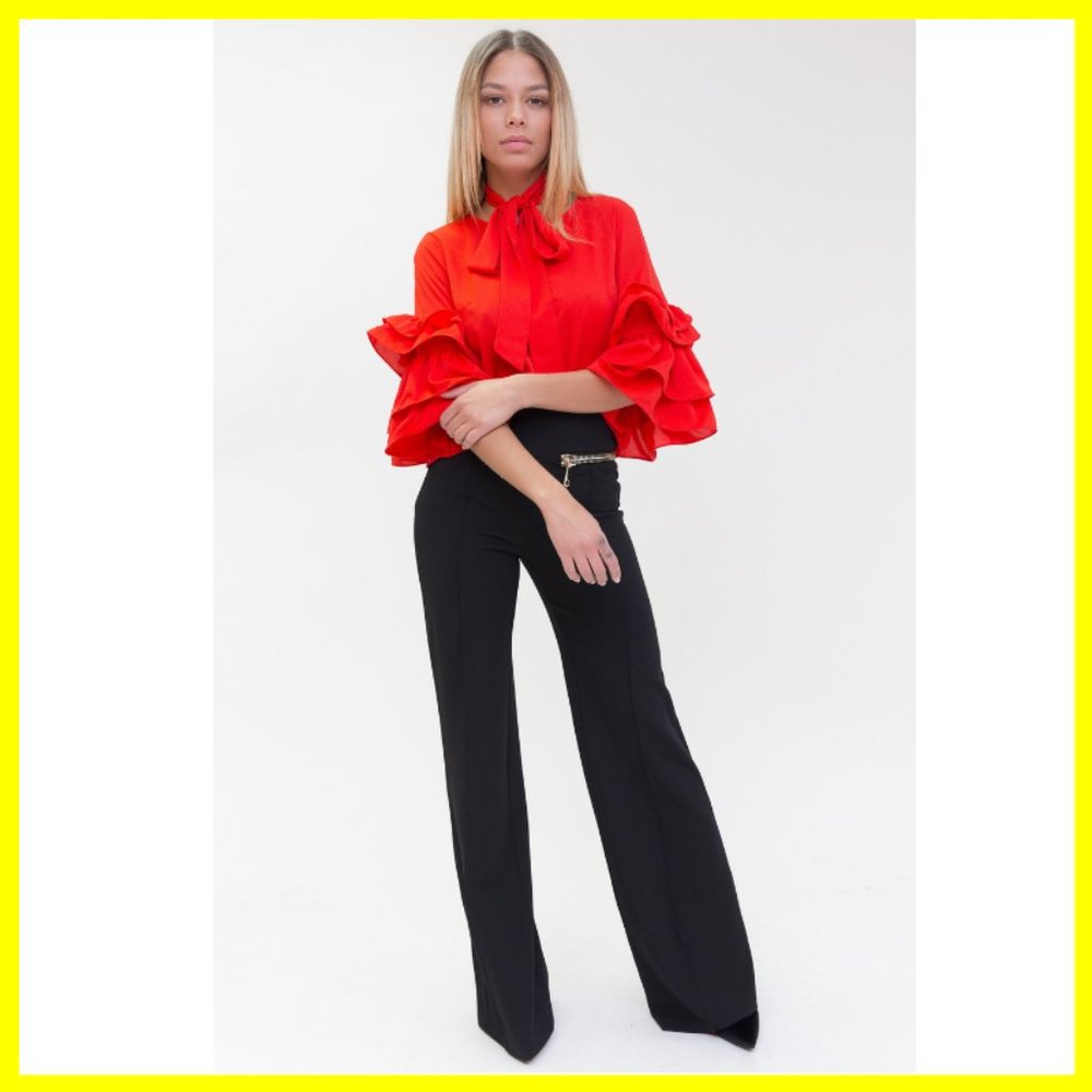 NWT Ruffled Sleeve Blouse with Belt or Tie (Red) - Picture 1 of 2